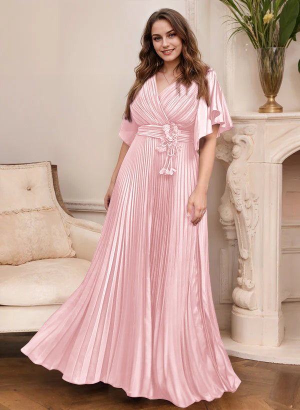 Elegant V Neck A Line Mother Of The Bride Dress With Belt Short Sleeve