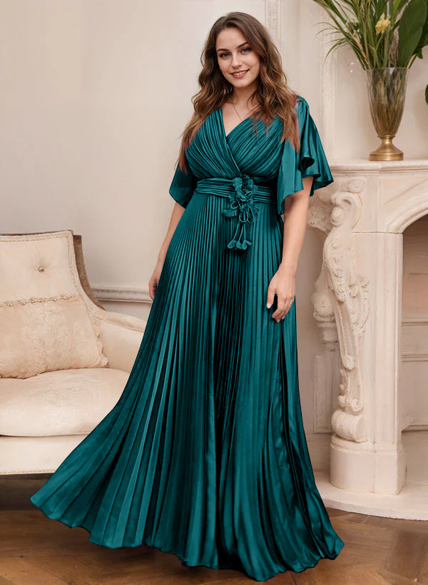 Elegant V Neck A Line Mother Of The Bride Dress With Belt Short Sleeve
