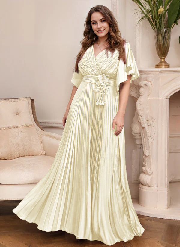 Elegant V Neck A Line Mother Of The Bride Dress With Belt Short Sleeve