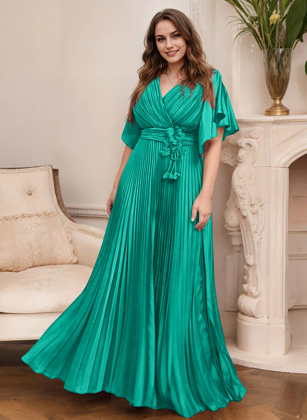 Elegant V Neck A Line Mother Of The Bride Dress With Belt Short Sleeve