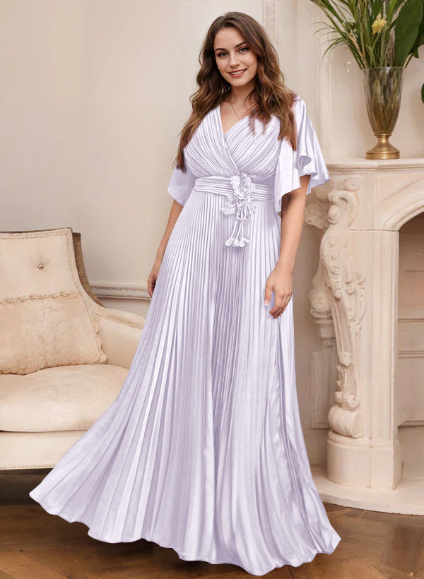 Elegant V Neck A Line Mother Of The Bride Dress With Belt Short Sleeve
