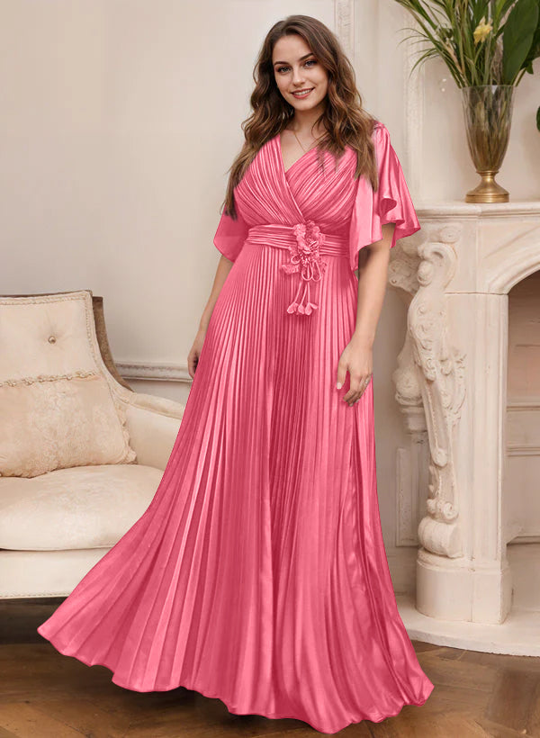 Elegant V Neck A Line Mother Of The Bride Dress With Belt Short Sleeve
