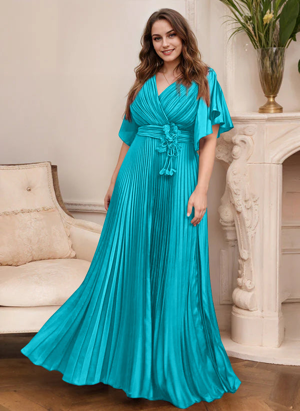 Elegant V Neck A Line Mother Of The Bride Dress With Belt Short Sleeve