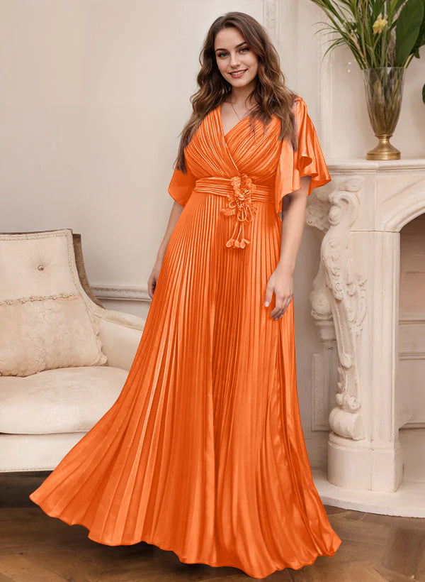 Elegant V Neck A Line Mother Of The Bride Dress With Belt Short Sleeve
