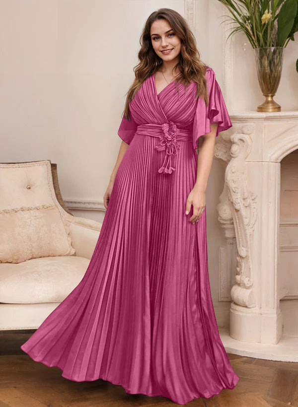 Elegant V Neck A Line Mother Of The Bride Dress With Belt Short Sleeve