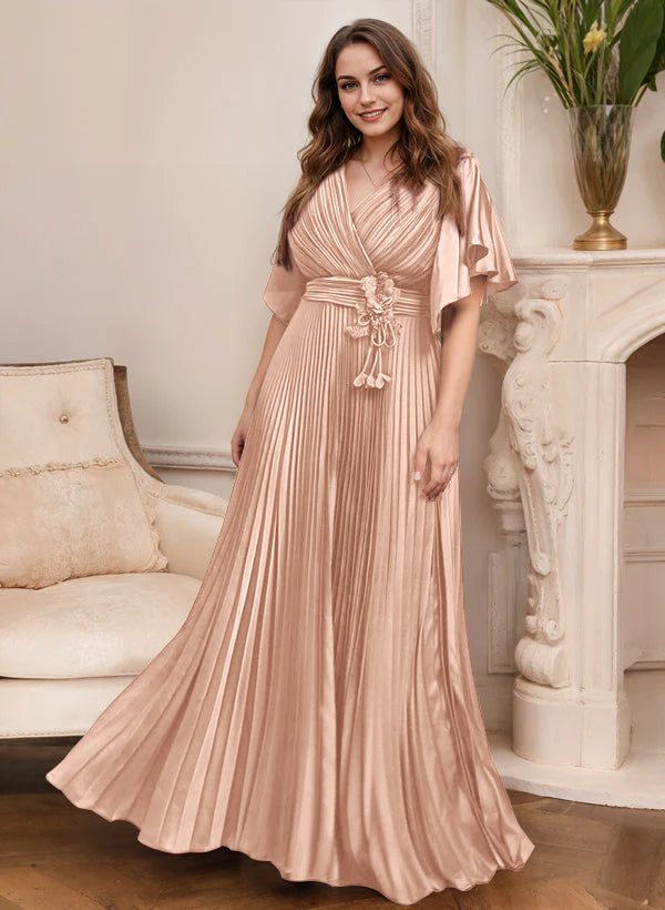 Elegant V Neck A Line Mother Of The Bride Dress With Belt Short Sleeve