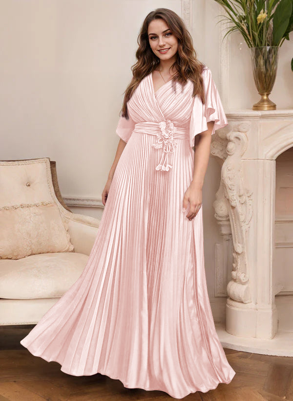 Elegant V Neck A Line Mother Of The Bride Dress With Belt Short Sleeve