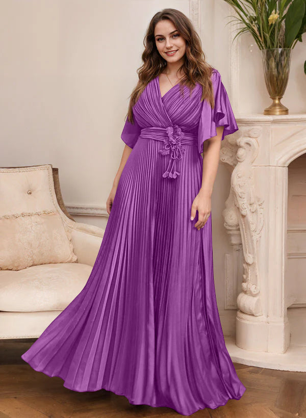 Elegant V Neck A Line Mother Of The Bride Dress With Belt Short Sleeve