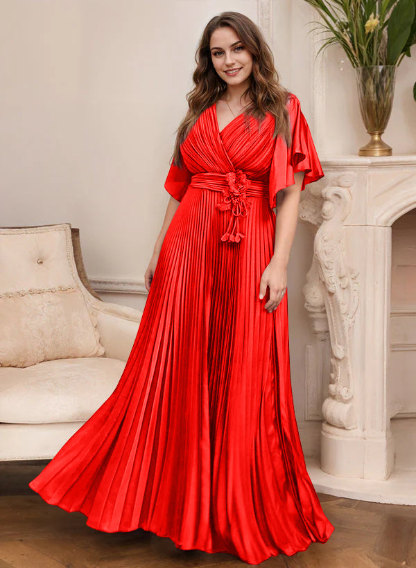 Elegant V Neck A Line Mother Of The Bride Dress With Belt Short Sleeve