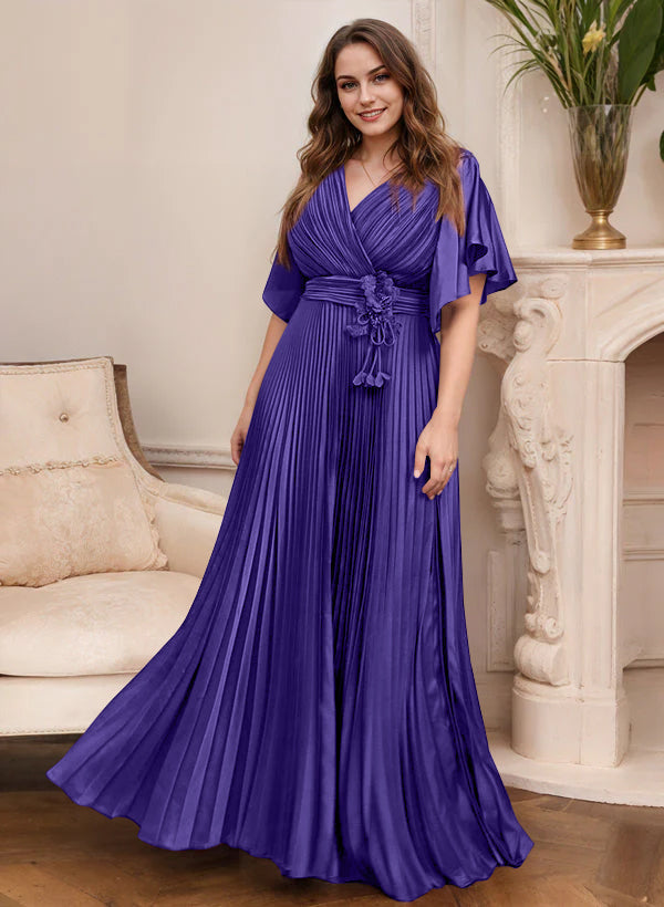 Elegant V Neck A Line Mother Of The Bride Dress With Belt Short Sleeve