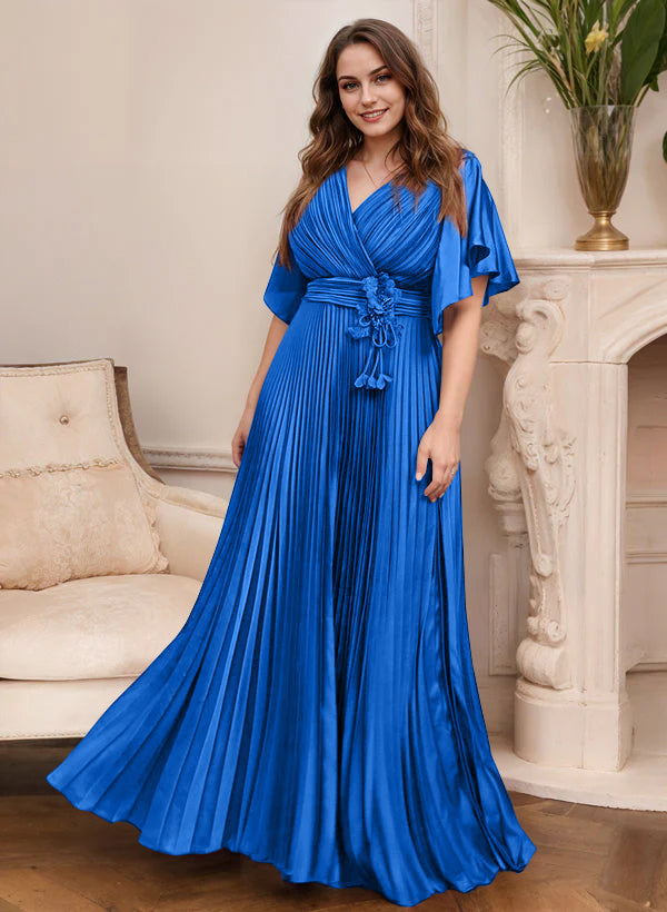 Elegant V Neck A Line Mother Of The Bride Dress With Belt Short Sleeve