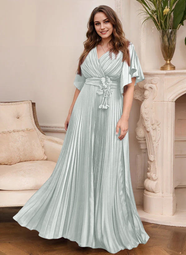 Elegant V Neck A Line Mother Of The Bride Dress With Belt Short Sleeve