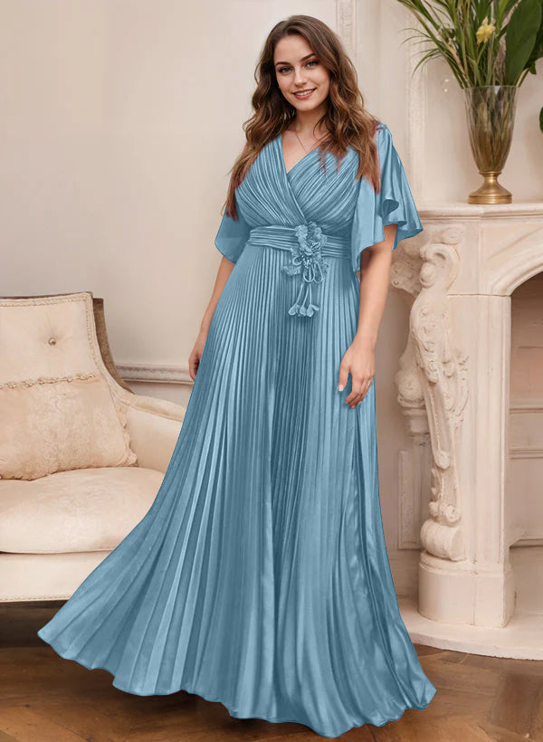 Elegant V Neck A Line Mother Of The Bride Dress With Belt Short Sleeve