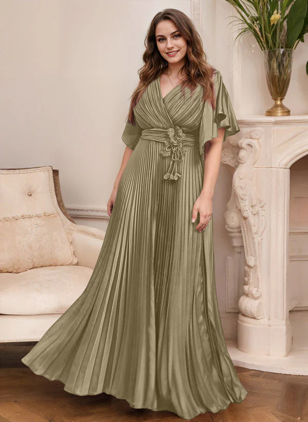 Elegant V Neck A Line Mother Of The Bride Dress With Belt Short Sleeve