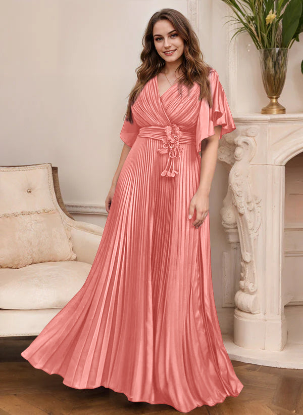 Elegant V Neck A Line Mother Of The Bride Dress With Belt Short Sleeve