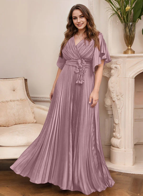 Elegant V Neck A Line Mother Of The Bride Dress With Belt Short Sleeve
