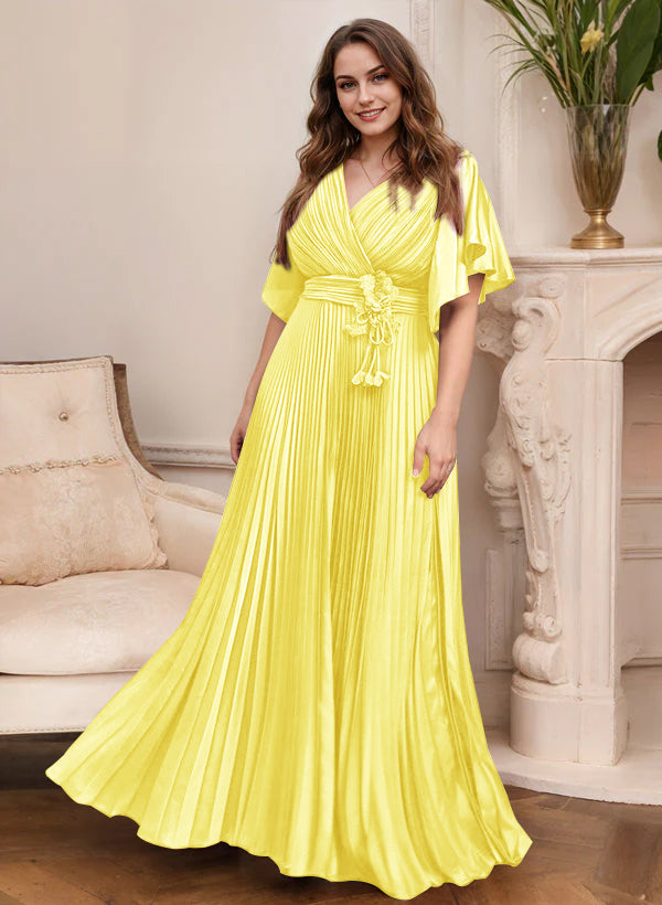Elegant V Neck A Line Mother Of The Bride Dress With Belt Short Sleeve