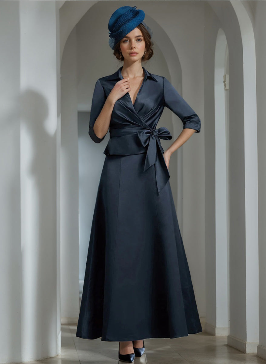 Elegant Satin V Neck A Line Dress For Mother Of The Bride Ankle Length