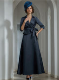Elegant Satin V Neck A Line Dress For Mother Of The Bride Ankle Length