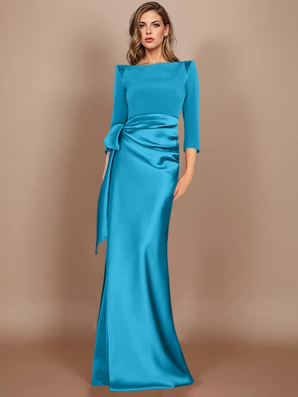 Floor-Length Mother of the Bride Dress with Bow and 3/4 Sleeves in Sheath/Column Style