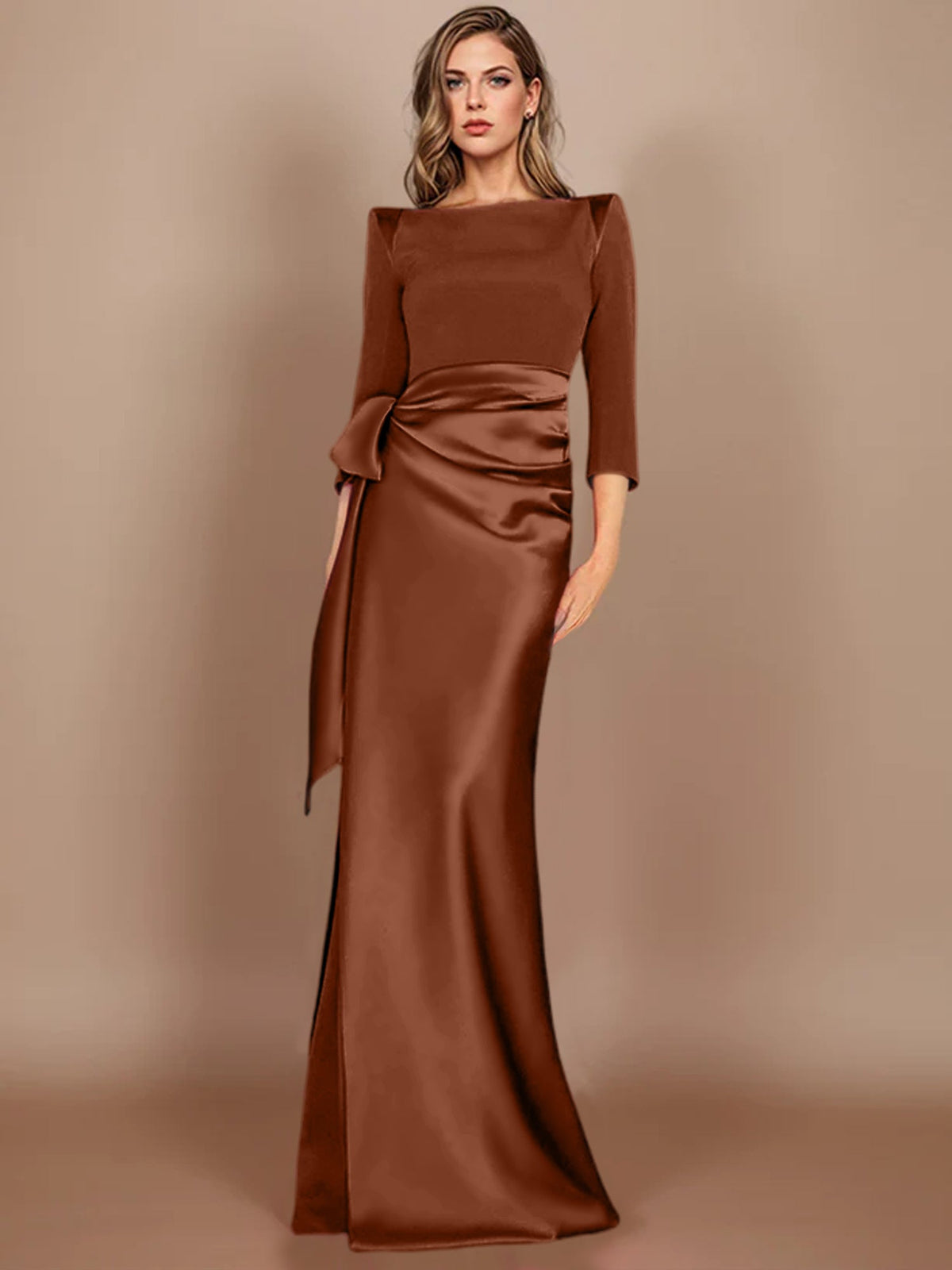 Floor-Length Mother of the Bride Dress with Bow and 3/4 Sleeves in Sheath/Column Style