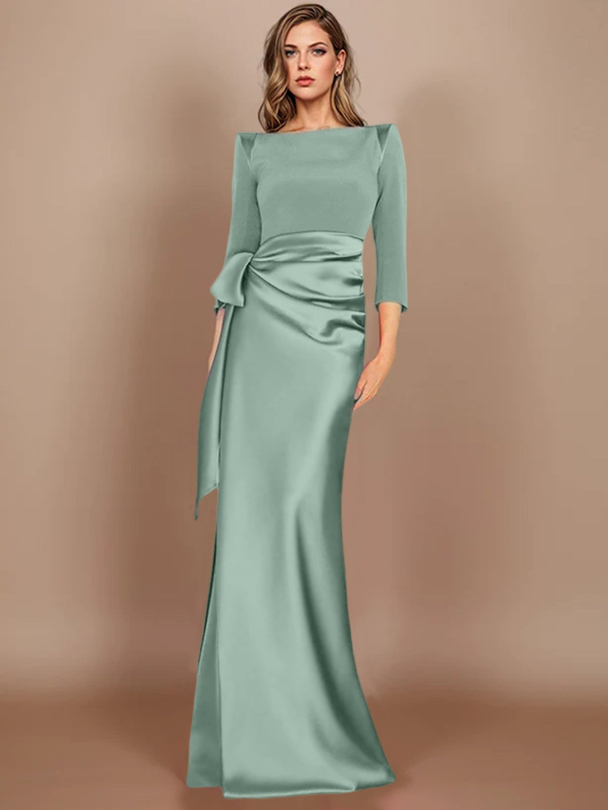 Floor-Length Mother of the Bride Dress with Bow and 3/4 Sleeves in Sheath/Column Style