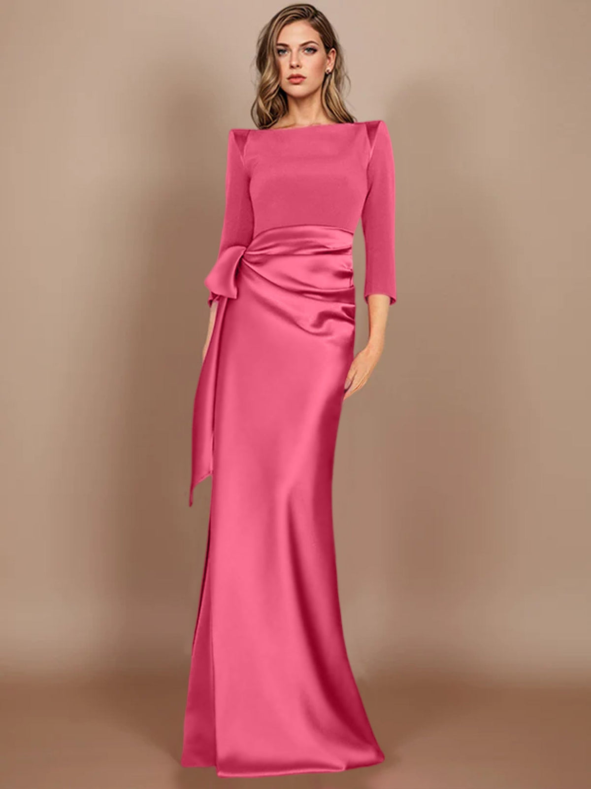Floor-Length Mother of the Bride Dress with Bow and 3/4 Sleeves in Sheath/Column Style