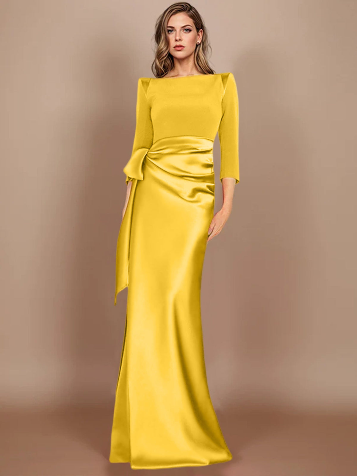 Floor-Length Mother of the Bride Dress with Bow and 3/4 Sleeves in Sheath/Column Style