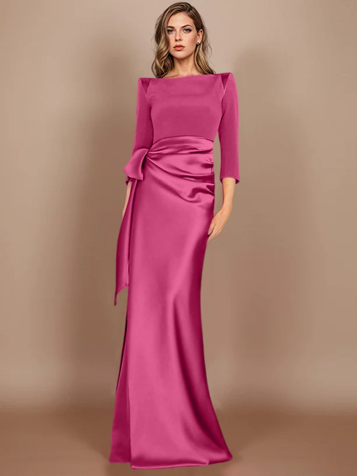 Floor-Length Mother of the Bride Dress with Bow and 3/4 Sleeves in Sheath/Column Style