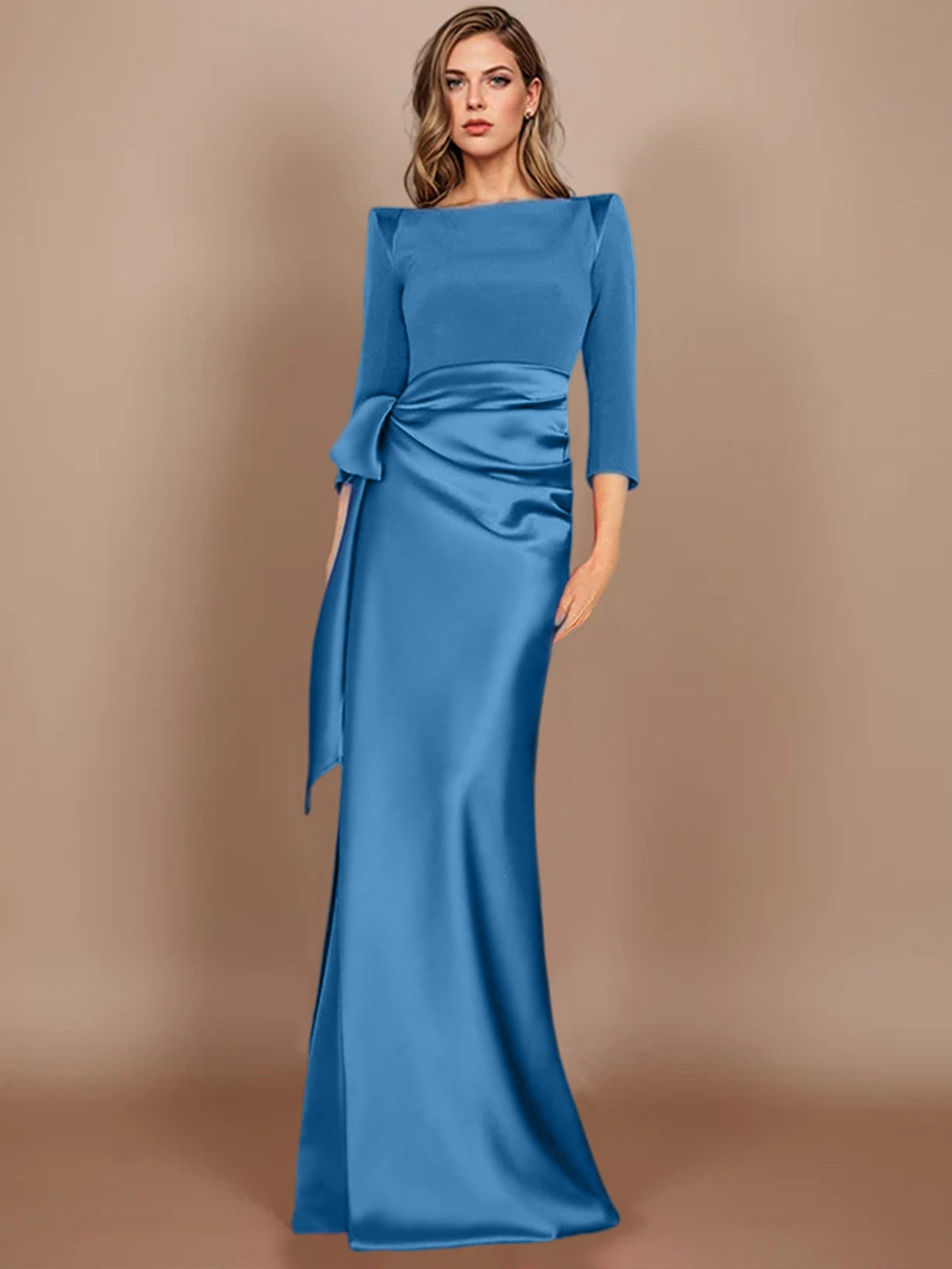 Floor-Length Mother of the Bride Dress with Bow and 3/4 Sleeves in Sheath/Column Style