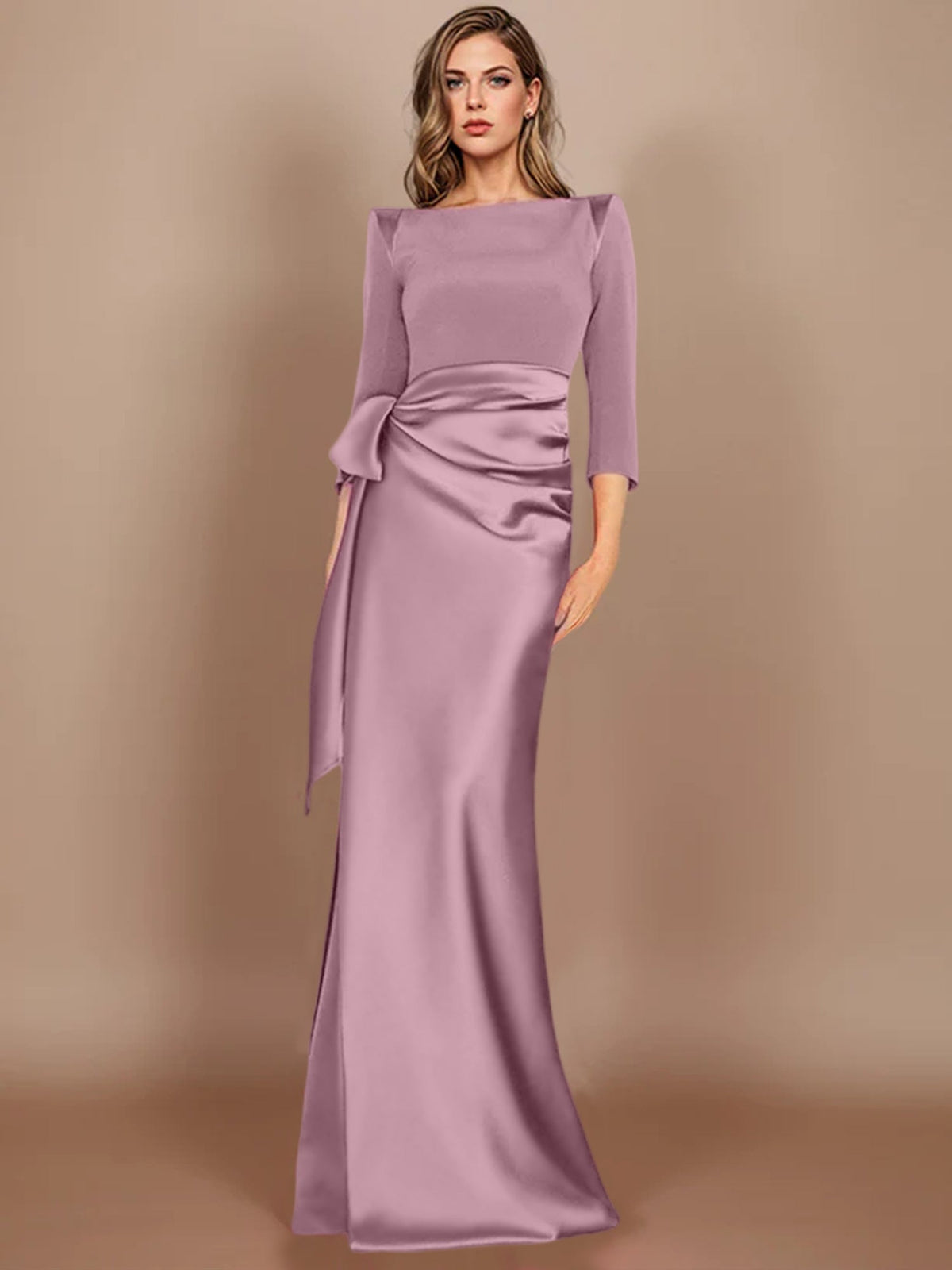 Floor-Length Mother of the Bride Dress with Bow and 3/4 Sleeves in Sheath/Column Style