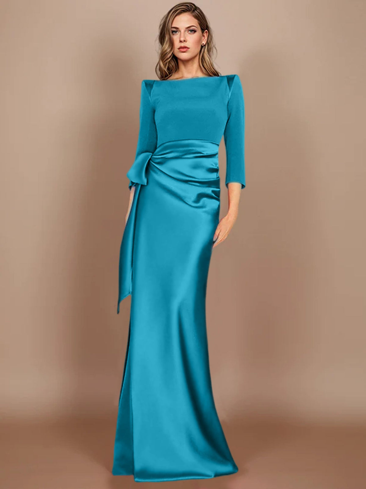 Floor-Length Mother of the Bride Dress with Bow and 3/4 Sleeves in Sheath/Column Style
