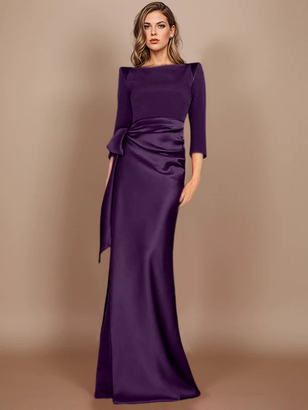 Floor-Length Mother of the Bride Dress with Bow and 3/4 Sleeves in Sheath/Column Style
