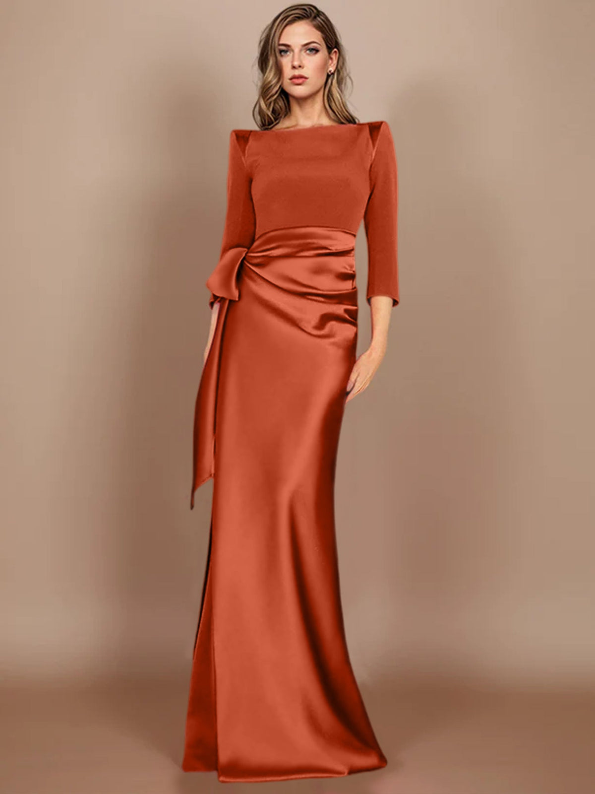 Floor-Length Mother of the Bride Dress with Bow and 3/4 Sleeves in Sheath/Column Style