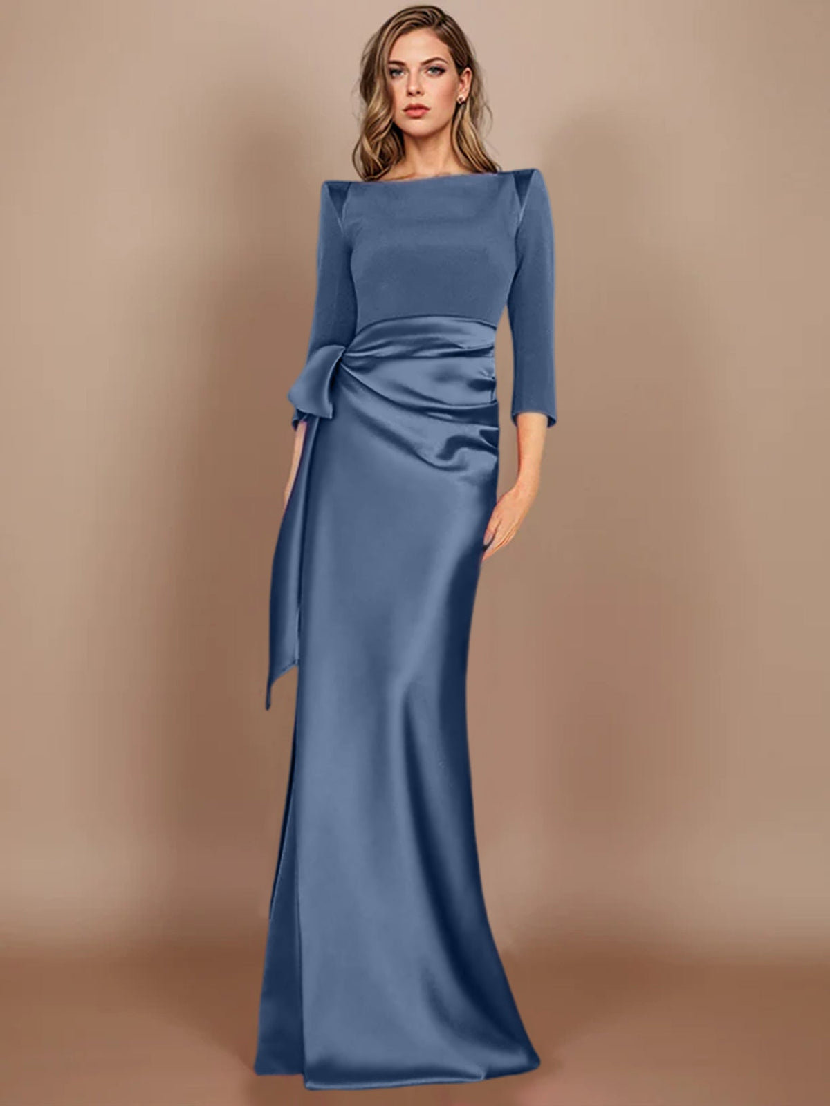 Floor-Length Mother of the Bride Dress with Bow and 3/4 Sleeves in Sheath/Column Style