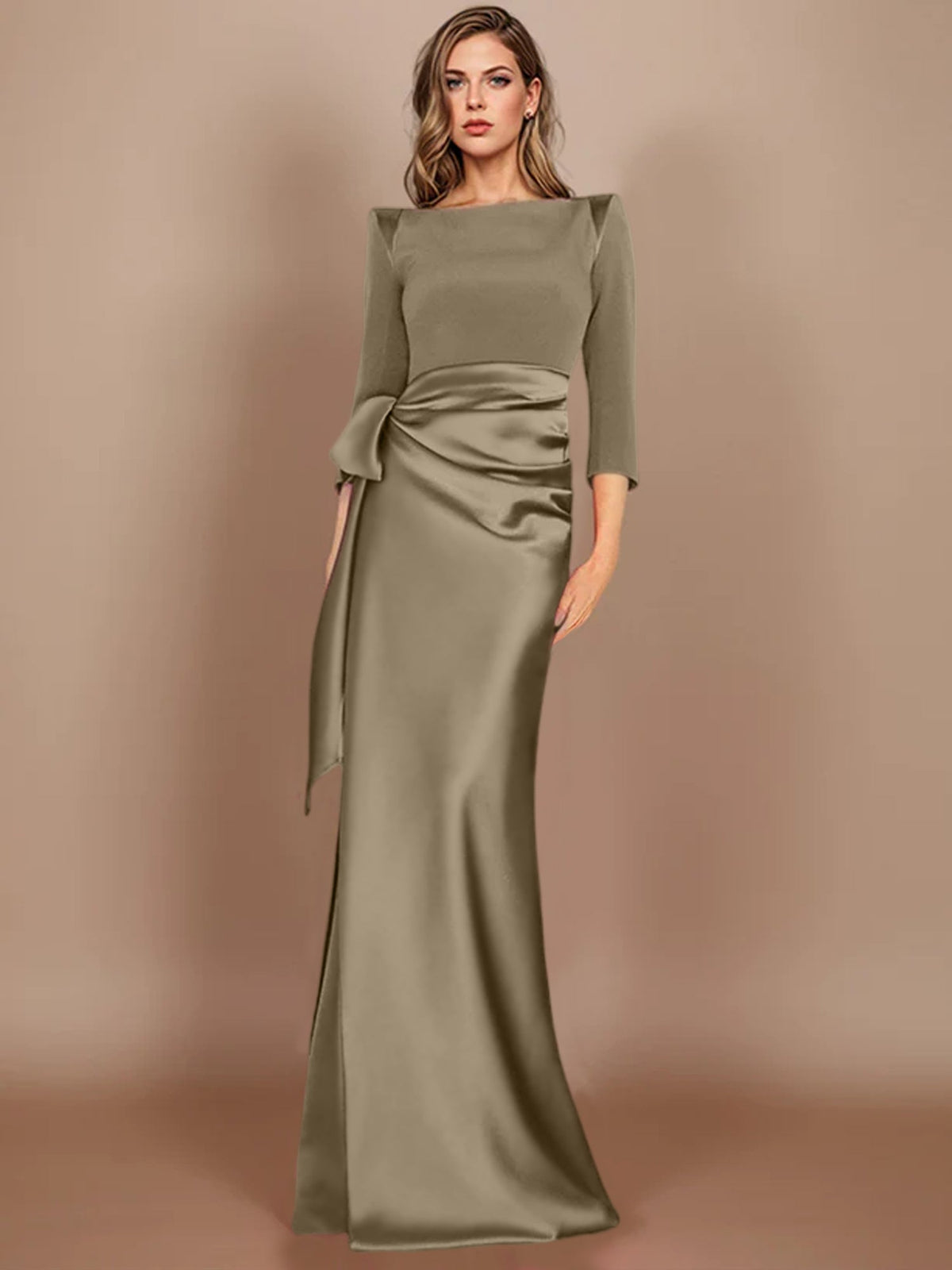Floor-Length Mother of the Bride Dress with Bow and 3/4 Sleeves in Sheath/Column Style