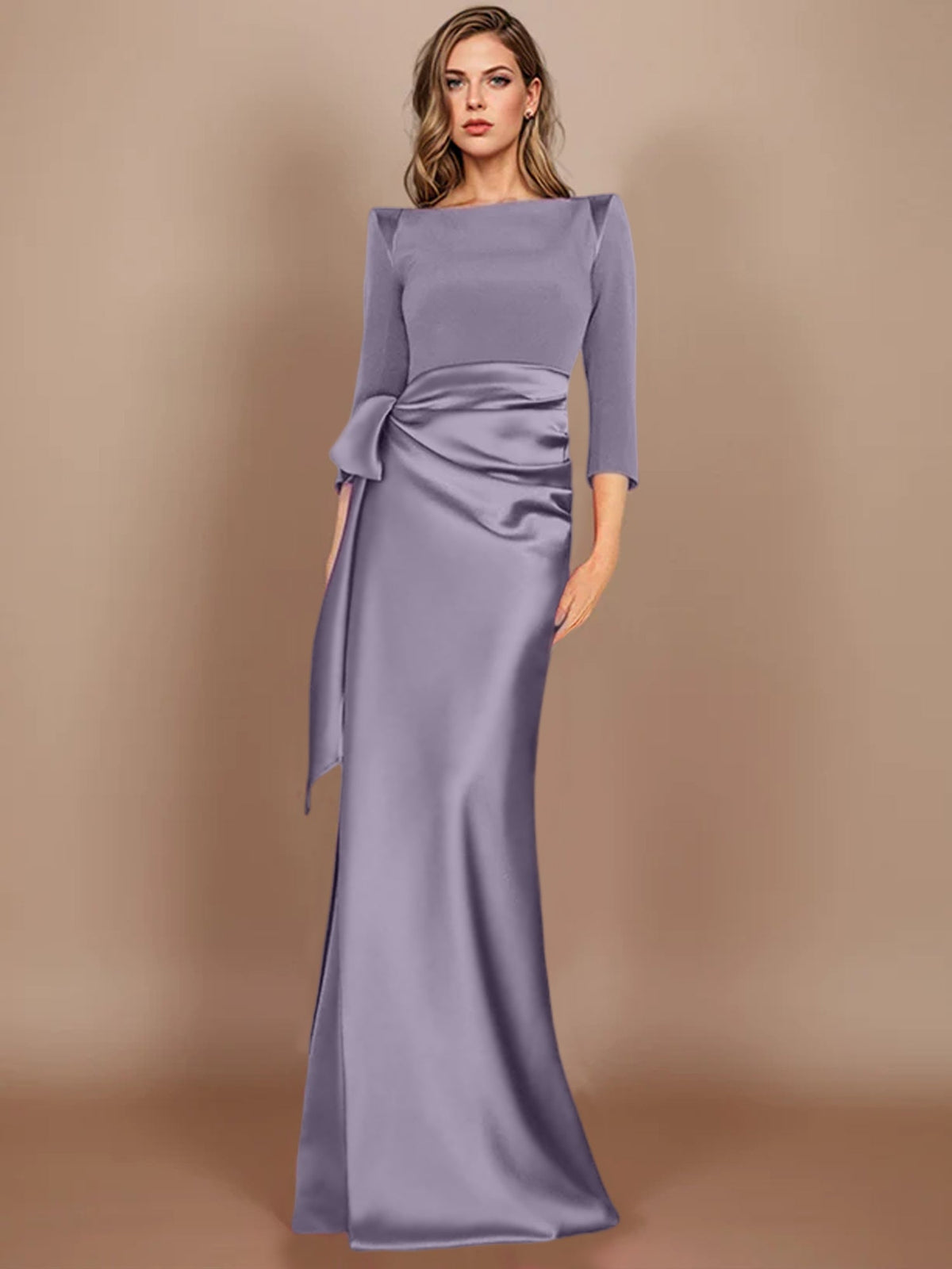 Floor-Length Mother of the Bride Dress with Bow and 3/4 Sleeves in Sheath/Column Style