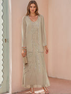 V-Neck Ankle-Length Sheath/Column Mother of the Bride Dresses with Sequins & Jacket
