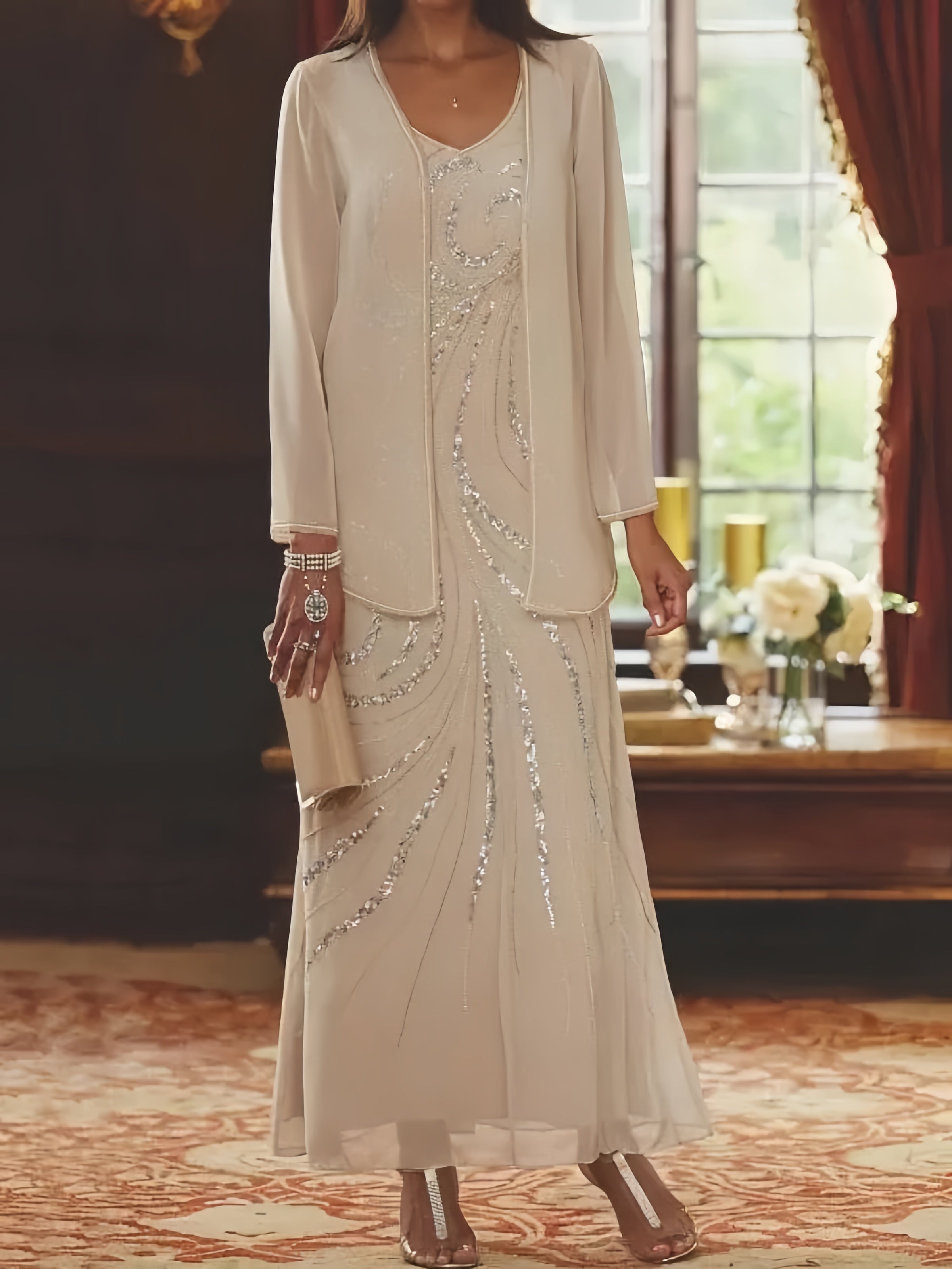 Jacketed Mother of the Bride and Groom Sequin Sheath or Column Dress with Jacket