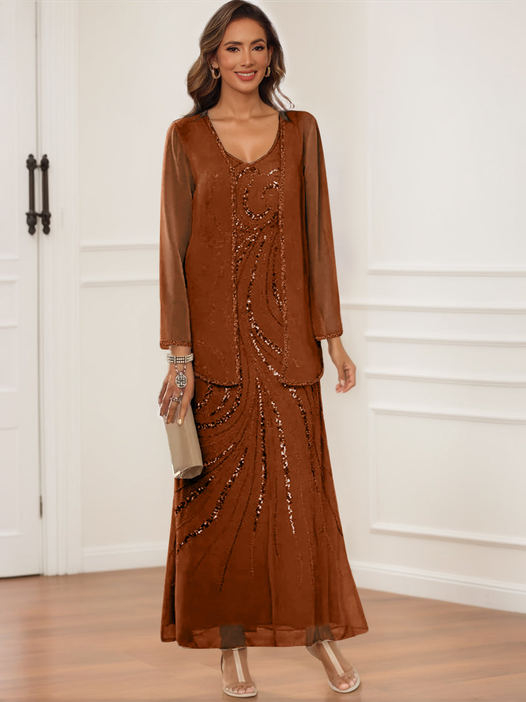 V Neck Ankle Length Sheath Dress With Jacket For Mothers Of The Bride And Groom