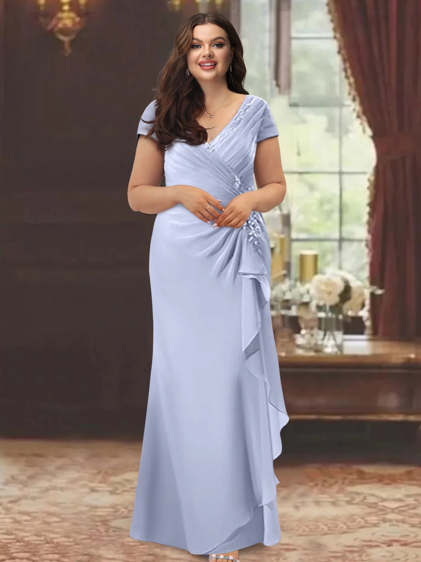 Plus Size Mother Of The Bride V Neck Sheath Dress With Ruffles And Appliques