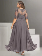 Ankle Length Mother Of The Bride Chiffon Pantsuit With Lace And Jewel Neckline