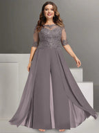 Ankle Length Mother Of The Bride Chiffon Pantsuit With Lace And Jewel Neckline