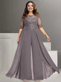 Plus Size Ankle Length Chiffon Pantsuit For Mother Of The Bride Lace Jewel Neck