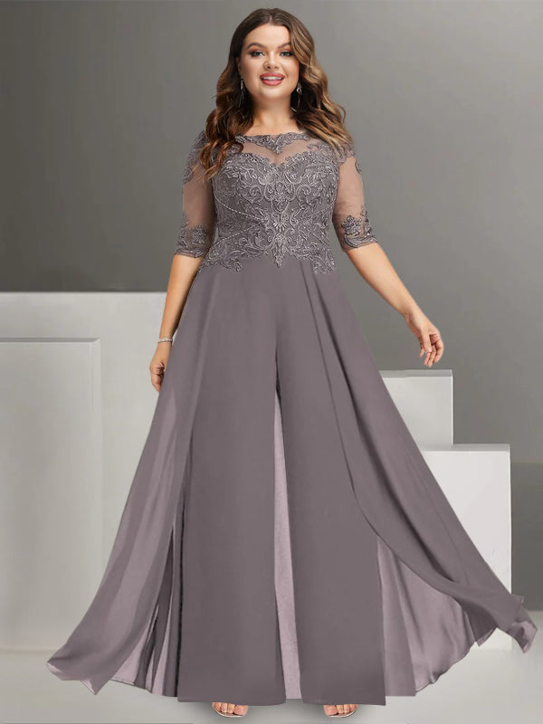 Plus Size Ankle Length Chiffon Pantsuit For Mother Of The Bride Lace Jewel Neck