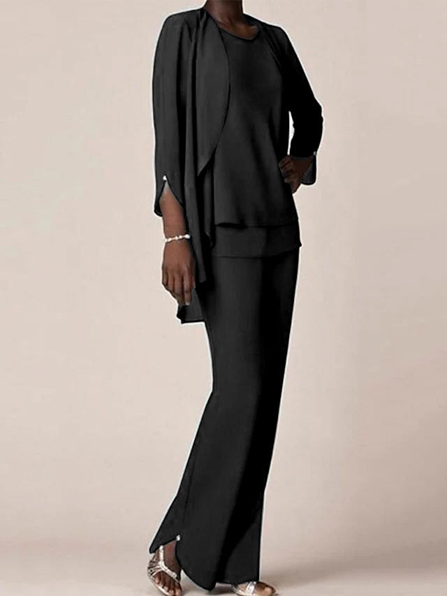 Floor Length Chiffon Pantsuit With V Neck And Ruffles For Mother Of The Bride