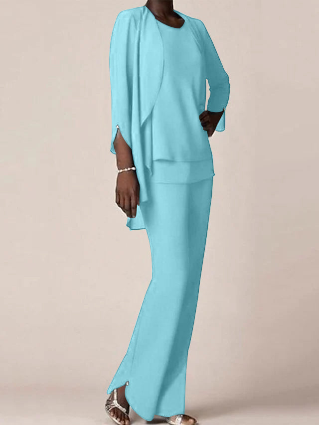 Floor Length Chiffon Pantsuit With V Neck And Ruffles For Mother Of The Bride