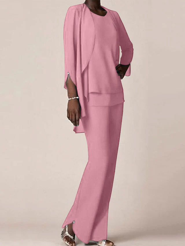 Floor Length Chiffon Pantsuit With V Neck And Ruffles For Mother Of The Bride