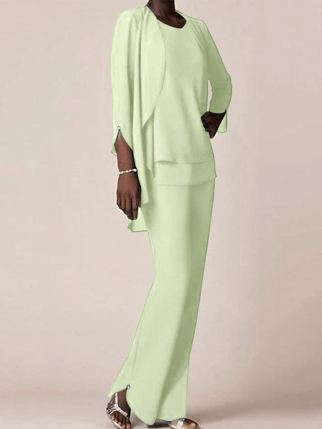 Floor Length Chiffon Pantsuit With V Neck And Ruffles For Mother Of The Bride