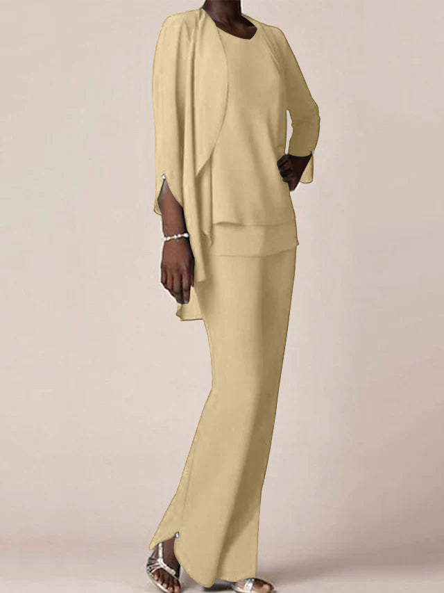 Floor Length Chiffon Pantsuit With V Neck And Ruffles For Mother Of The Bride